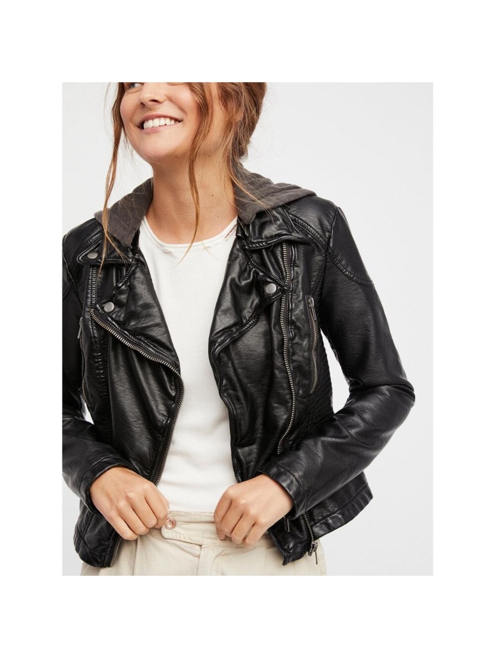 Free People Cleo vegan Black Faux Leather Moto Jacket with Gray Hood